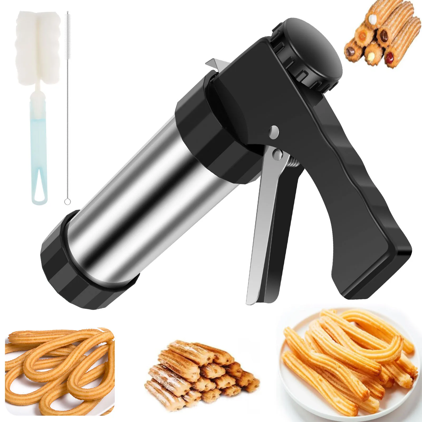 Churros Maker Gun - เครื่องทำชูโร่ ชุดปั๊มคุกกี้ ปืนแต่งหน้าเค้กครีมสเตนเลส ชุดอุปกรณ์แต่งหน้าเค้ก DIY หัวบีบขนมปังและขนมอบ